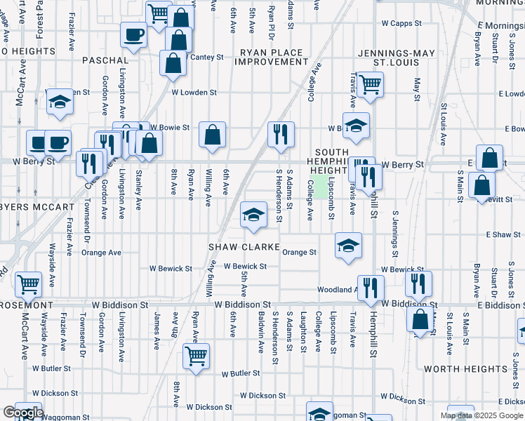 map of restaurants, bars, coffee shops, grocery stores, and more near 1208 West Shaw Street in Fort Worth