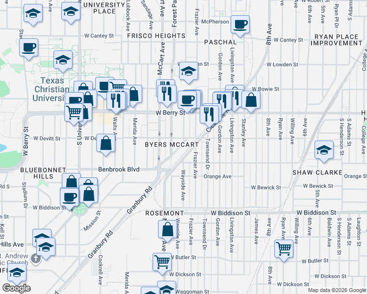 map of restaurants, bars, coffee shops, grocery stores, and more near 2329 Benbrook Boulevard in Fort Worth