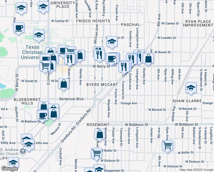 map of restaurants, bars, coffee shops, grocery stores, and more near 2329 Benbrook Boulevard in Fort Worth