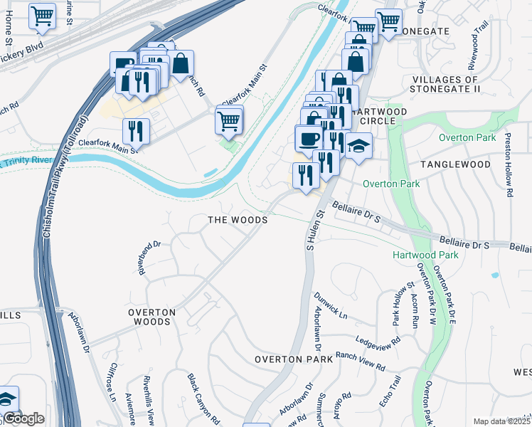 map of restaurants, bars, coffee shops, grocery stores, and more near Fort Worth Branch (Trinity Trails System) in Fort Worth