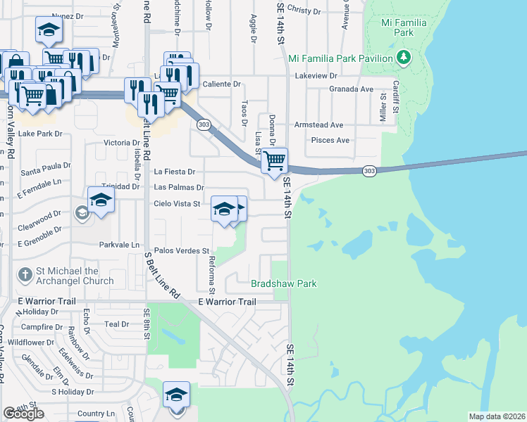 map of restaurants, bars, coffee shops, grocery stores, and more near 1229 Cielo Vista Street in Grand Prairie