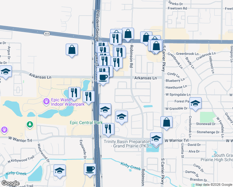 map of restaurants, bars, coffee shops, grocery stores, and more near 1067 Wood Stream Drive in Grand Prairie