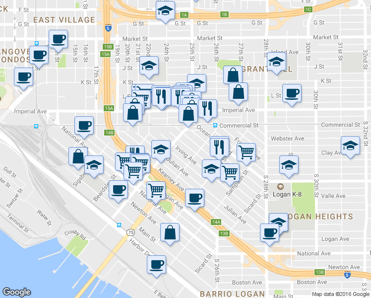 map of restaurants, bars, coffee shops, grocery stores, and more near 1952 Irving Avenue in San Diego