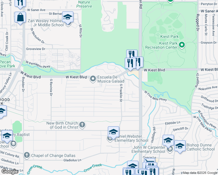 map of restaurants, bars, coffee shops, grocery stores, and more near 2523 Whitewood Drive in Dallas