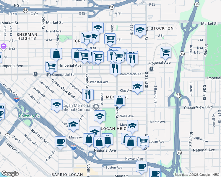 map of restaurants, bars, coffee shops, grocery stores, and more near 2959 Clay Avenue in San Diego