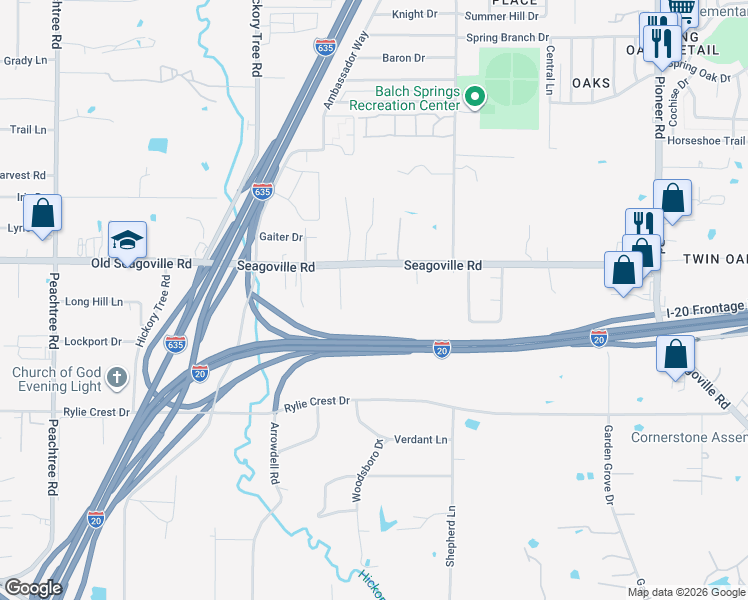 map of restaurants, bars, coffee shops, grocery stores, and more near 12108 Seagoville Road in Balch Springs
