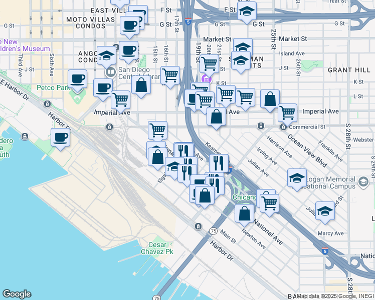 map of restaurants, bars, coffee shops, grocery stores, and more near 1747 Logan Avenue in San Diego