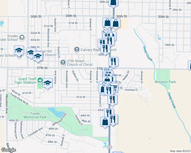 map of restaurants, bars, coffee shops, grocery stores, and more near 3721 Avenue U in Snyder