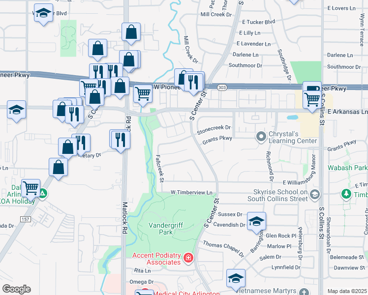 map of restaurants, bars, coffee shops, grocery stores, and more near 210 Fleetwood Court in Arlington