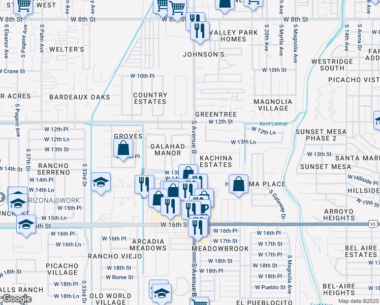 map of restaurants, bars, coffee shops, grocery stores, and more near 1356 South 24th Drive in Yuma