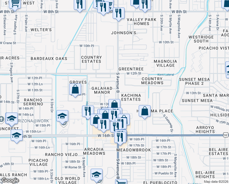 map of restaurants, bars, coffee shops, grocery stores, and more near 1356 South 24th Drive in Yuma