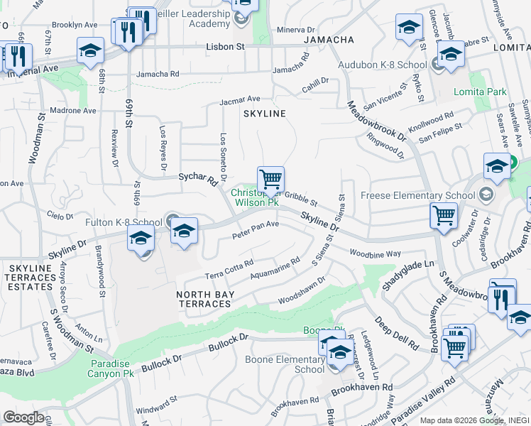 map of restaurants, bars, coffee shops, grocery stores, and more near 7281 Peter Pan Avenue in San Diego