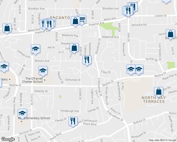 map of restaurants, bars, coffee shops, grocery stores, and more near 6521 Cielo Drive in San Diego