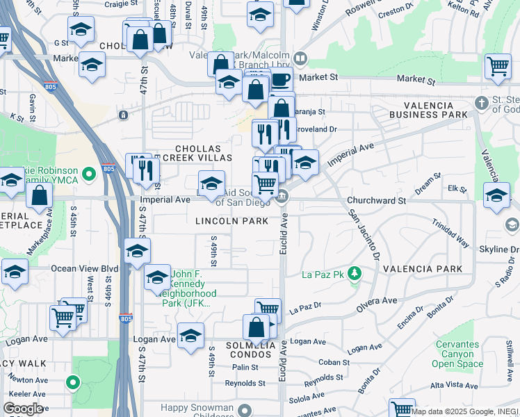 map of restaurants, bars, coffee shops, grocery stores, and more near 4999 Holly Drive in San Diego