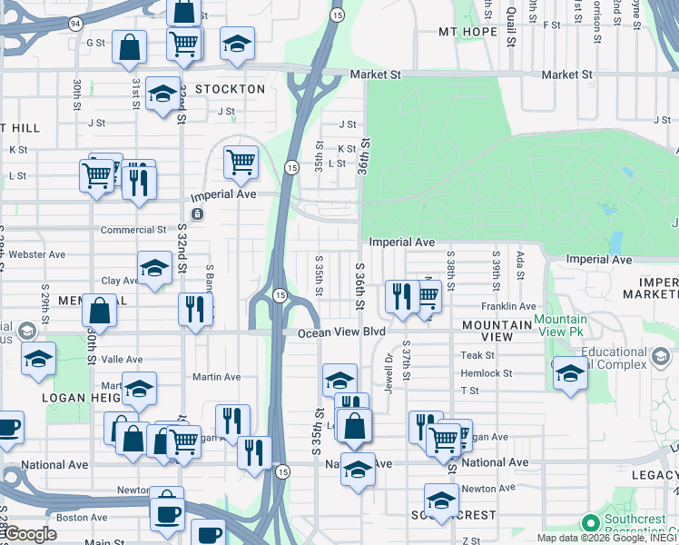 map of restaurants, bars, coffee shops, grocery stores, and more near 327 South 35th Street in San Diego
