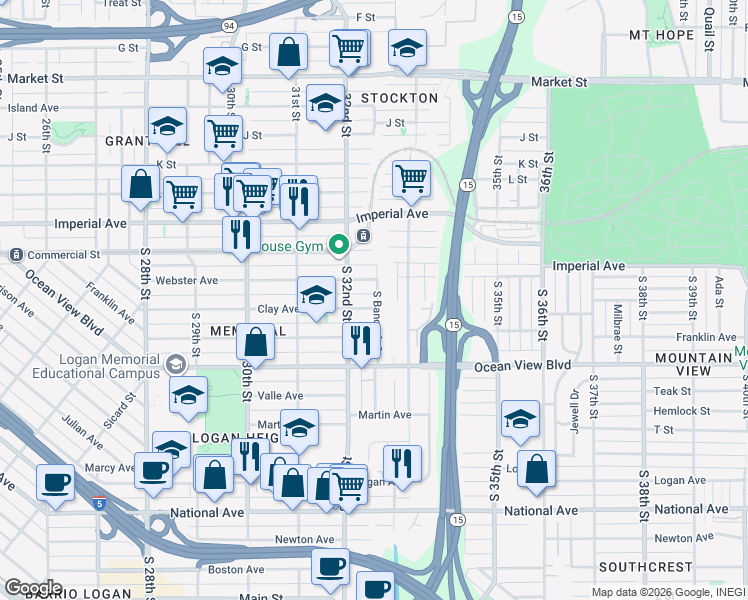 map of restaurants, bars, coffee shops, grocery stores, and more near 3227 Clay Avenue in San Diego
