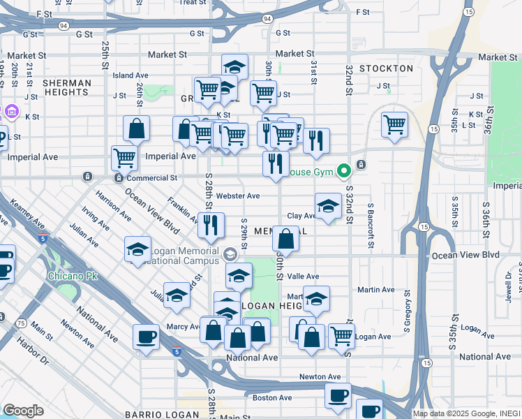 map of restaurants, bars, coffee shops, grocery stores, and more near 2959 Clay Avenue in San Diego