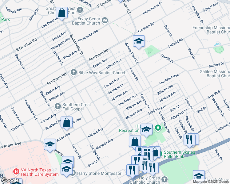 map of restaurants, bars, coffee shops, grocery stores, and more near 2723 Moffatt Avenue in Dallas