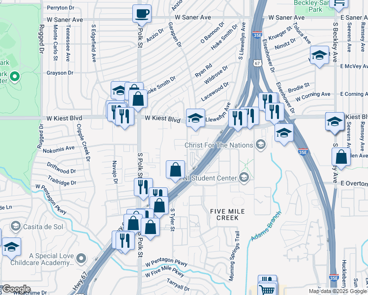 map of restaurants, bars, coffee shops, grocery stores, and more near 3423 Marvin D Love Freeway in Dallas