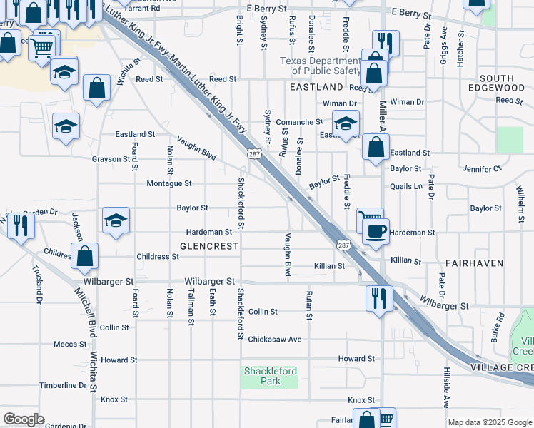 map of restaurants, bars, coffee shops, grocery stores, and more near 3621 Hardeman Street in Fort Worth