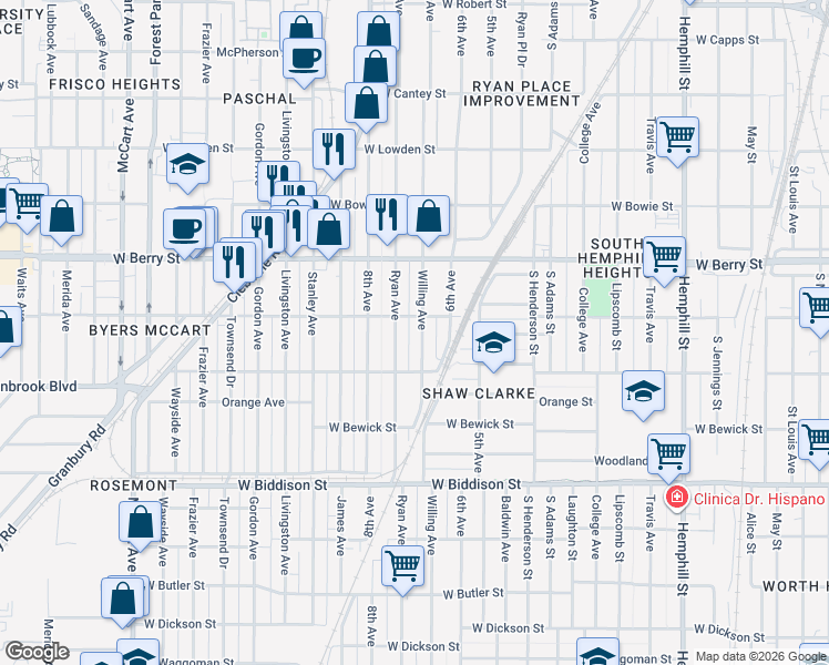 map of restaurants, bars, coffee shops, grocery stores, and more near 3229 Ryan Avenue in Fort Worth