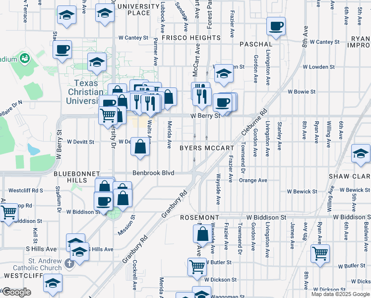 map of restaurants, bars, coffee shops, grocery stores, and more near 3236 Sandage Avenue in Fort Worth