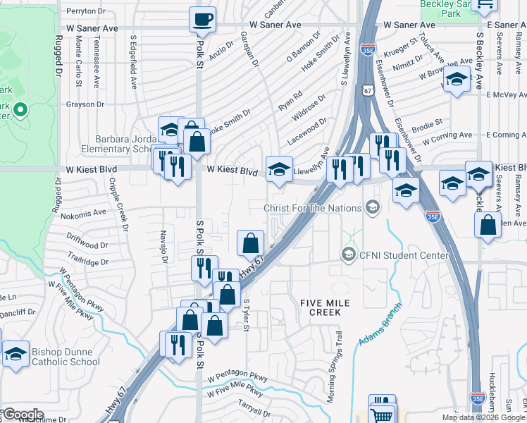 map of restaurants, bars, coffee shops, grocery stores, and more near 3311 South Vernon Avenue in Dallas
