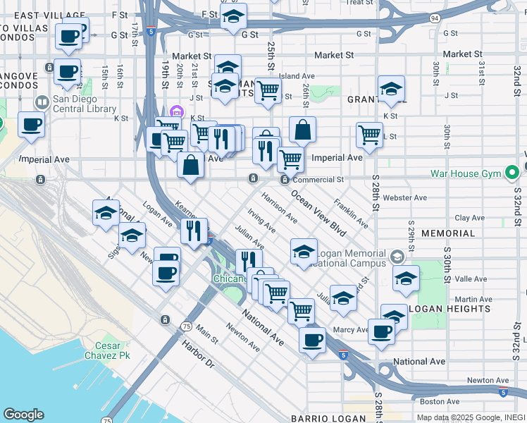 map of restaurants, bars, coffee shops, grocery stores, and more near 1963 Irving Avenue in San Diego