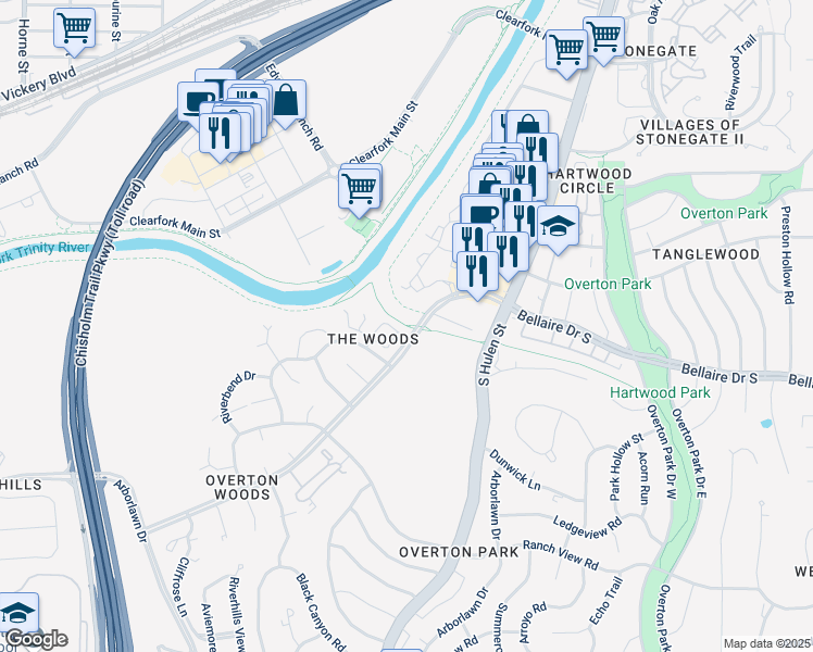 map of restaurants, bars, coffee shops, grocery stores, and more near Fort Worth Branch (Trinity Trails System) in Fort Worth