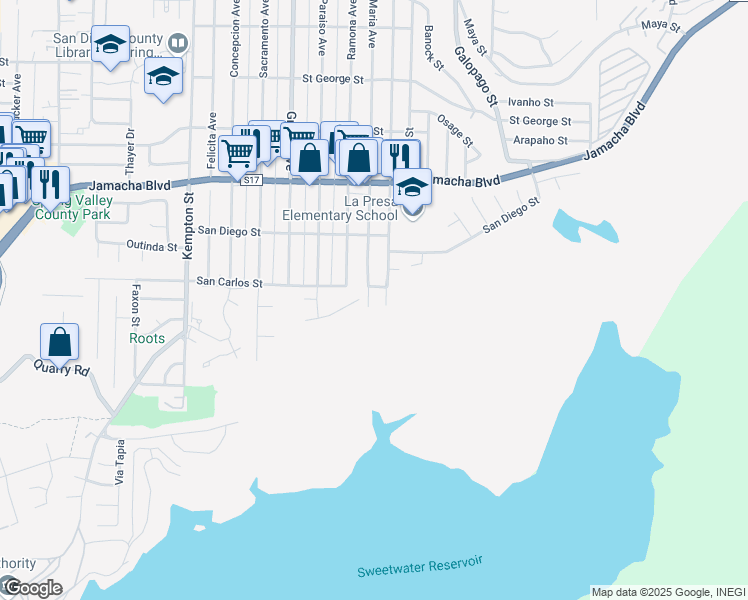 map of restaurants, bars, coffee shops, grocery stores, and more near 351 Maria Avenue in Spring Valley
