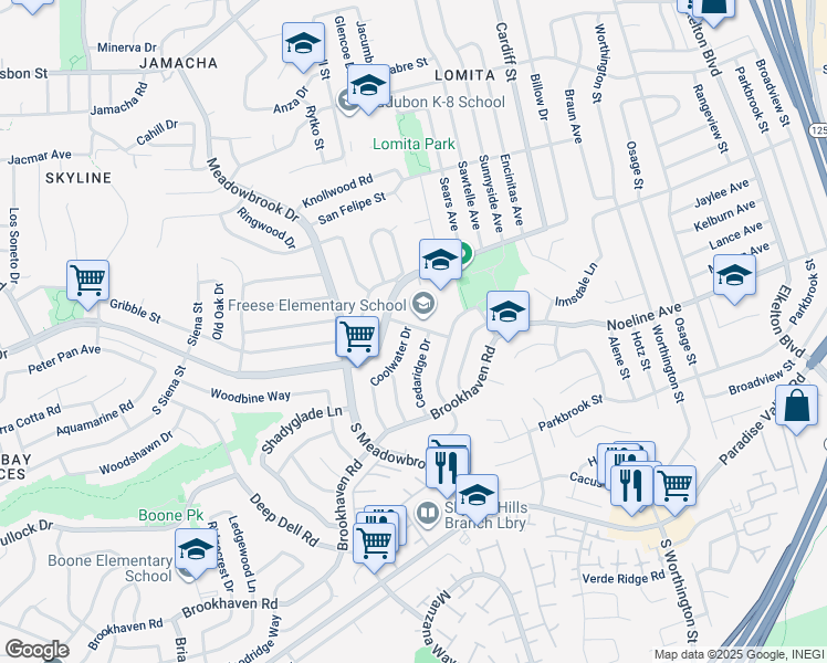 map of restaurants, bars, coffee shops, grocery stores, and more near 101 Coolwater Drive in San Diego