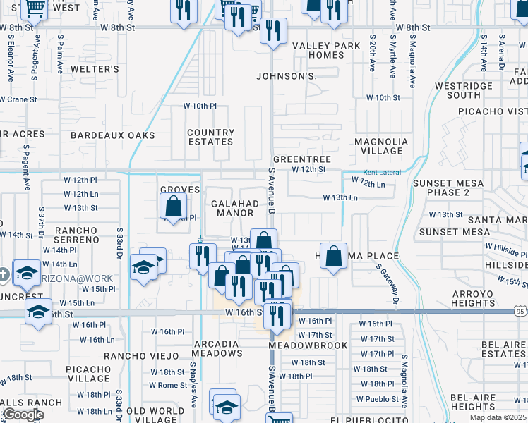 map of restaurants, bars, coffee shops, grocery stores, and more near 1356 South 24th Drive in Yuma