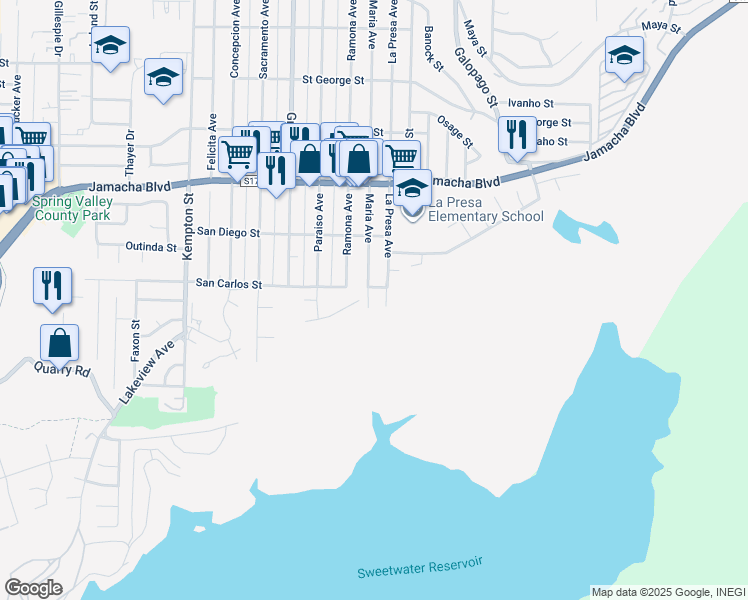 map of restaurants, bars, coffee shops, grocery stores, and more near 351 Maria Avenue in Spring Valley