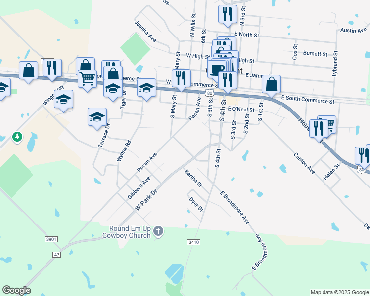map of restaurants, bars, coffee shops, grocery stores, and more near 927 West Park Drive in Wills Point