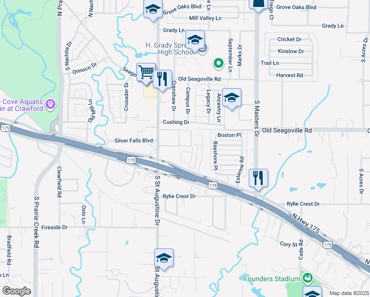 map of restaurants, bars, coffee shops, grocery stores, and more near 615 Yarrow Circle in Dallas