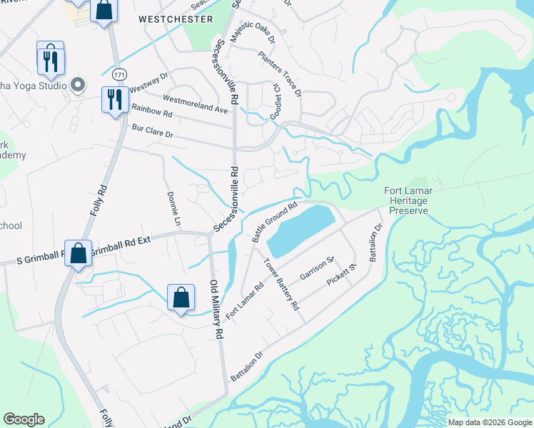 map of restaurants, bars, coffee shops, grocery stores, and more near 1336 Battle Ground Road in Charleston