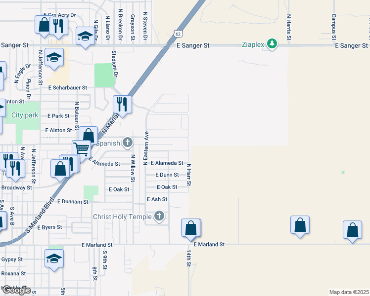 map of restaurants, bars, coffee shops, grocery stores, and more near 2100-2298 East Alameda Street in Hobbs