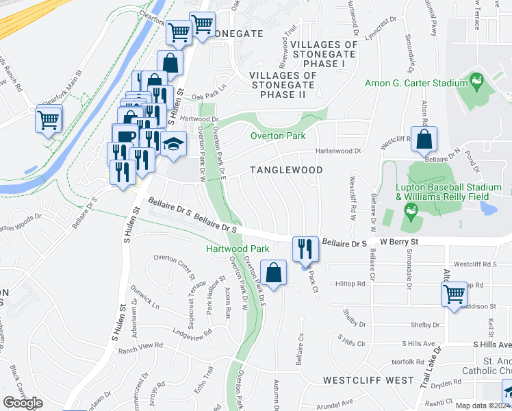 map of restaurants, bars, coffee shops, grocery stores, and more near 3201 Chaparral Lane in Fort Worth