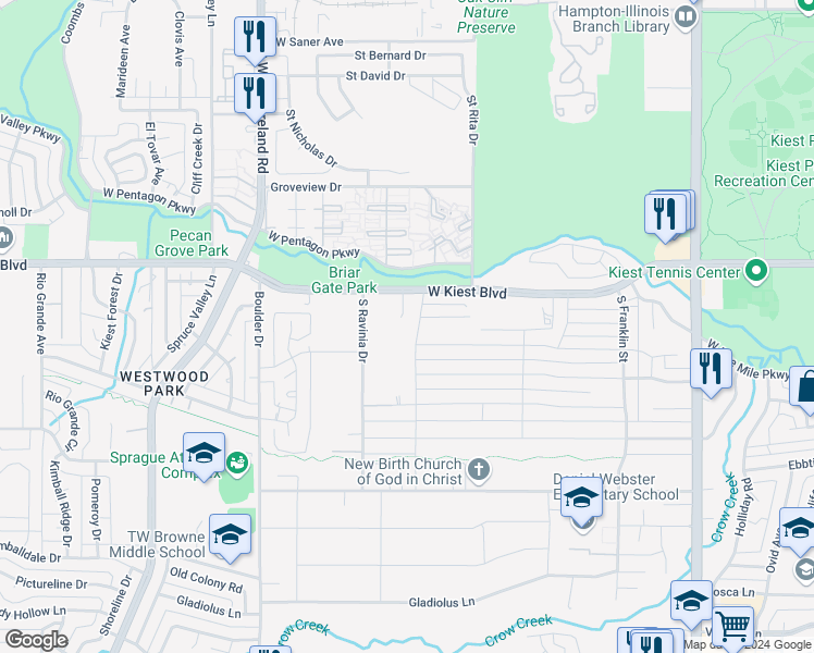 map of restaurants, bars, coffee shops, grocery stores, and more near 3226 Lockridge Circle in Dallas