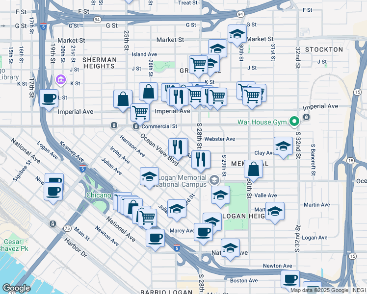 map of restaurants, bars, coffee shops, grocery stores, and more near 2146 Franklin Avenue in San Diego