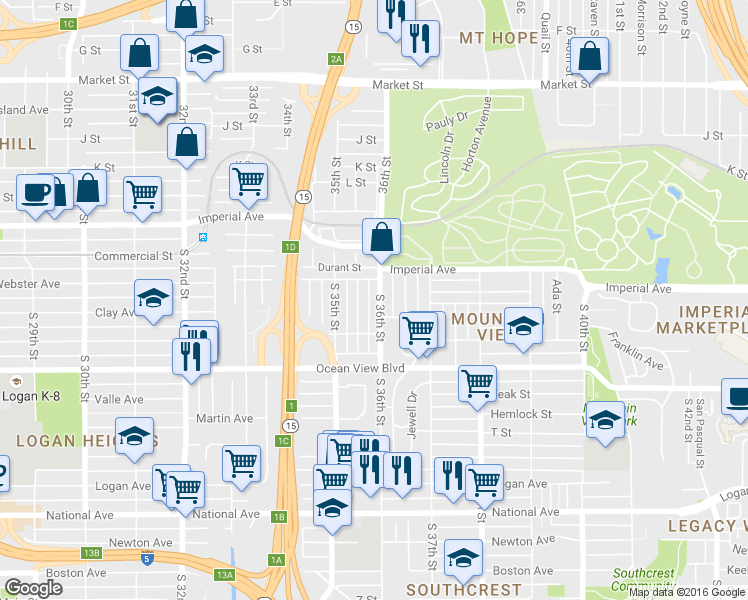 map of restaurants, bars, coffee shops, grocery stores, and more near 328 South 36th Street in San Diego