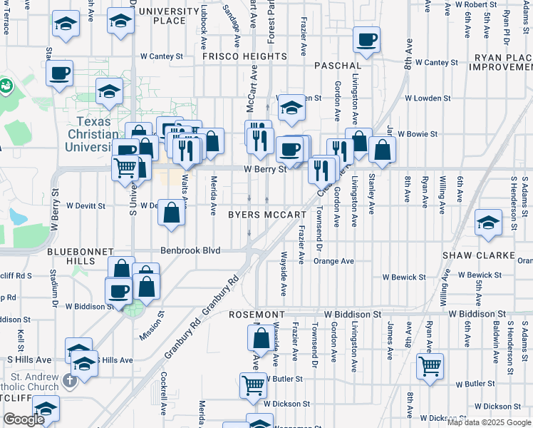 map of restaurants, bars, coffee shops, grocery stores, and more near in Fort Worth