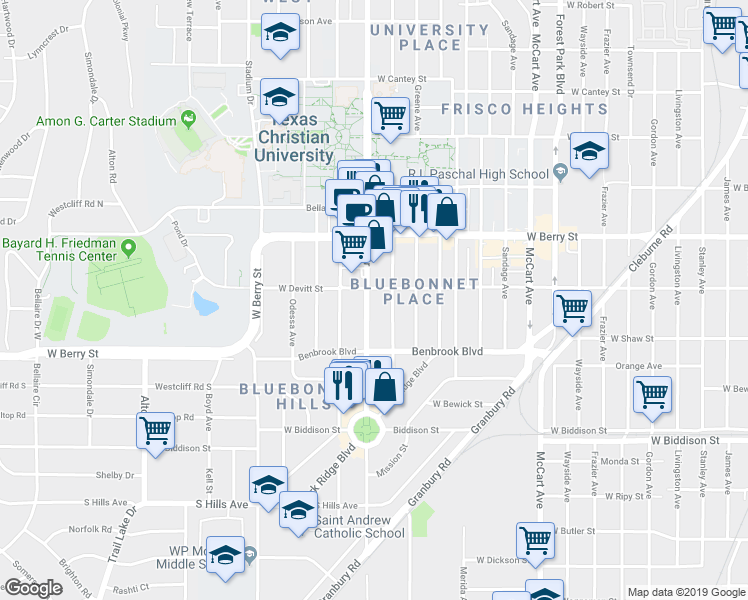 map of restaurants, bars, coffee shops, grocery stores, and more near 3228 South University Drive in Fort Worth