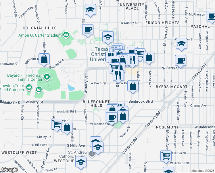map of restaurants, bars, coffee shops, grocery stores, and more near 3228 Rogers Avenue in Fort Worth