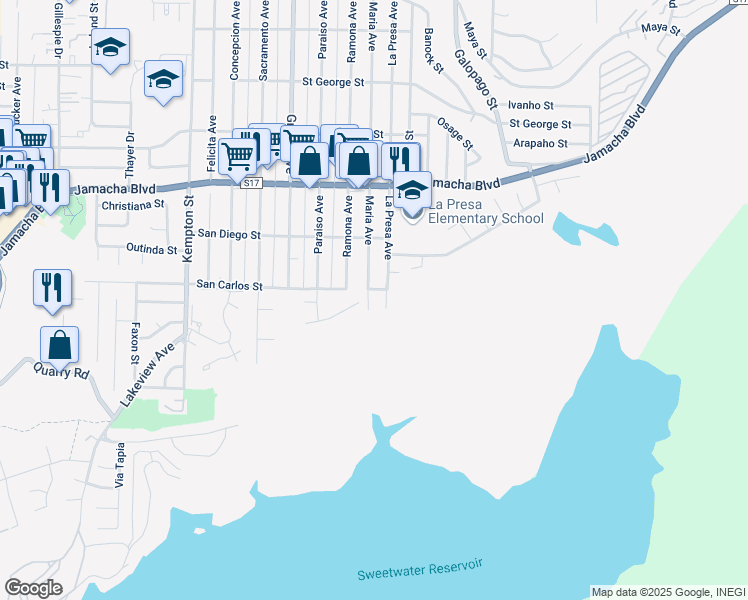 map of restaurants, bars, coffee shops, grocery stores, and more near 9489 Avenida Acero in Spring Valley