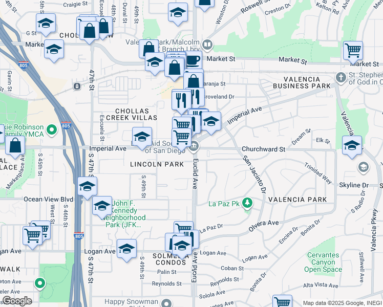 map of restaurants, bars, coffee shops, grocery stores, and more near 210 Euclid Avenue in San Diego