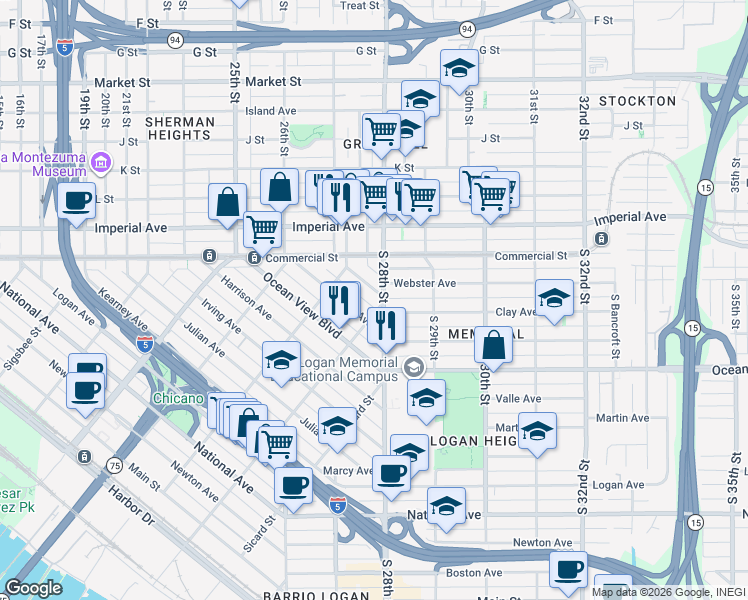 map of restaurants, bars, coffee shops, grocery stores, and more near 2181 Franklin Avenue in San Diego