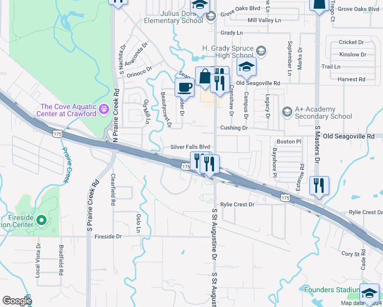 map of restaurants, bars, coffee shops, grocery stores, and more near 9508 Silver Falls Boulevard in Dallas