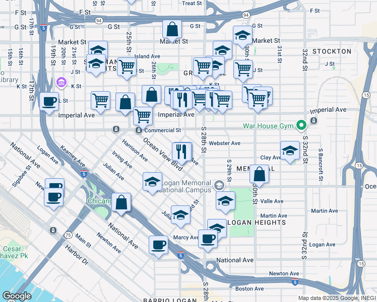 map of restaurants, bars, coffee shops, grocery stores, and more near 2146 Franklin Avenue in San Diego
