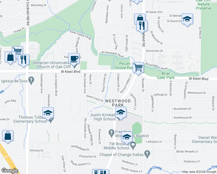 map of restaurants, bars, coffee shops, grocery stores, and more near 3327 Kiest Hill Drive in Dallas